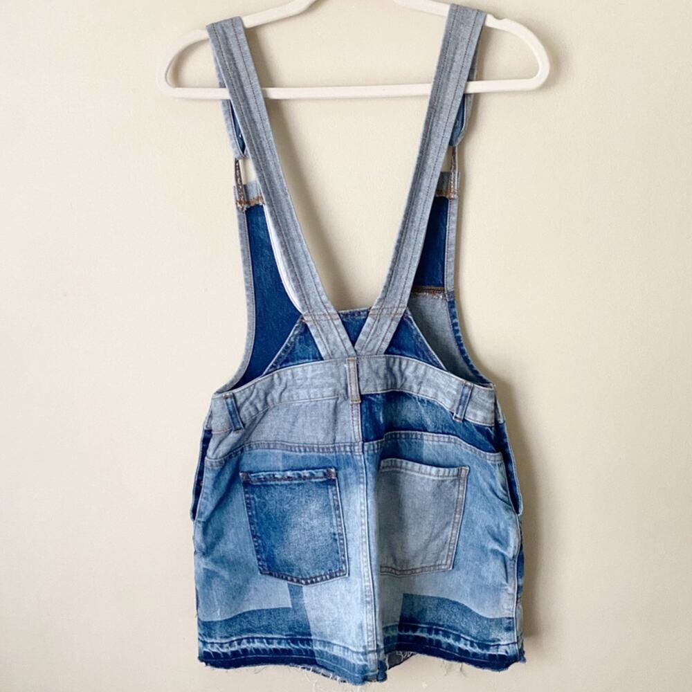 Free People | Patchwork Denim Jumper Overall Mini Dress Distressed Pockets SZ 4 - Picture 8 of 10